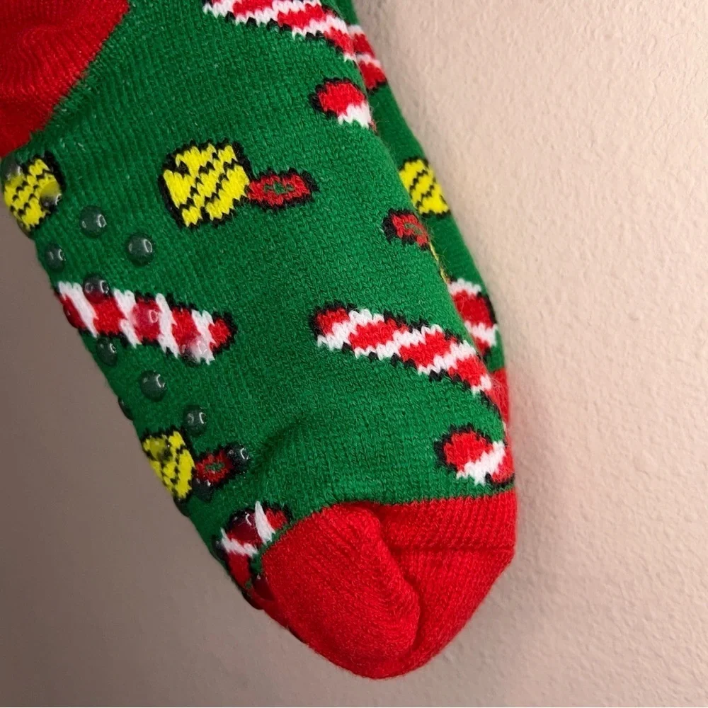 New Holiday Christmas Socks Womens One Size Faux Sherpa Lining Green Bell Candy
